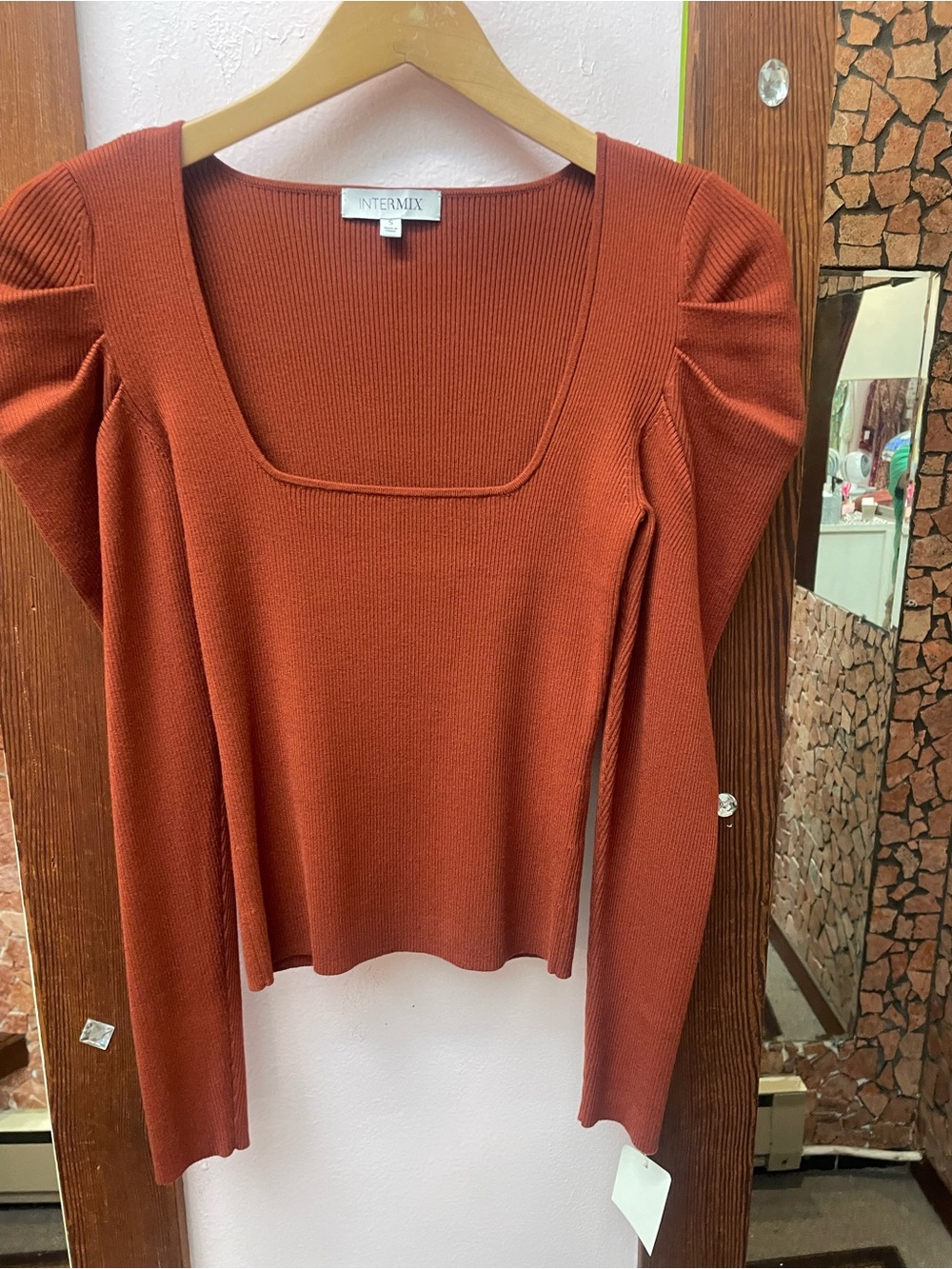 INTERMIX Rust Square-Neck Ribbed Long-Sleeve Top - Picture 4 of 10
